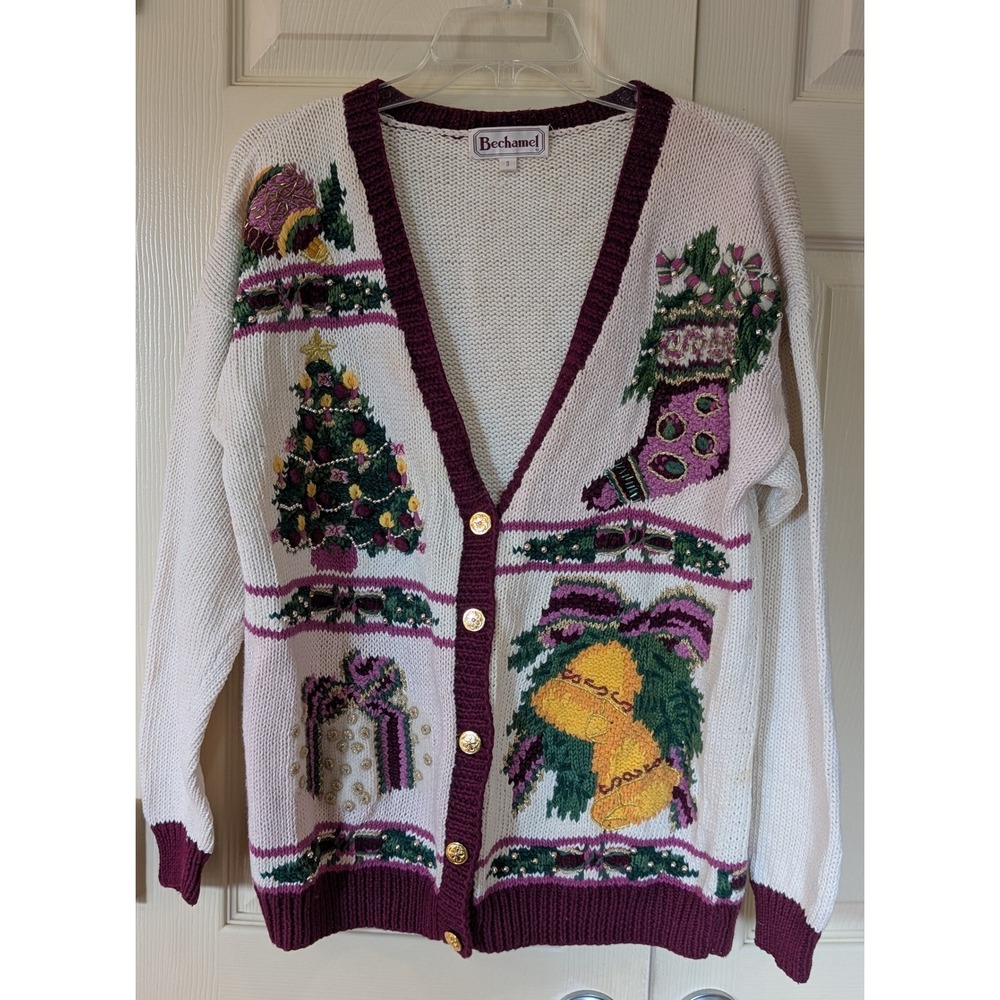 Bechamel VTG Embroidered Christmas Cardigan  80s Sweater Cream Sz S Grandmacore